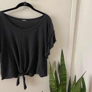 Navy Ruffle Sleeve Top w/ Front Tie